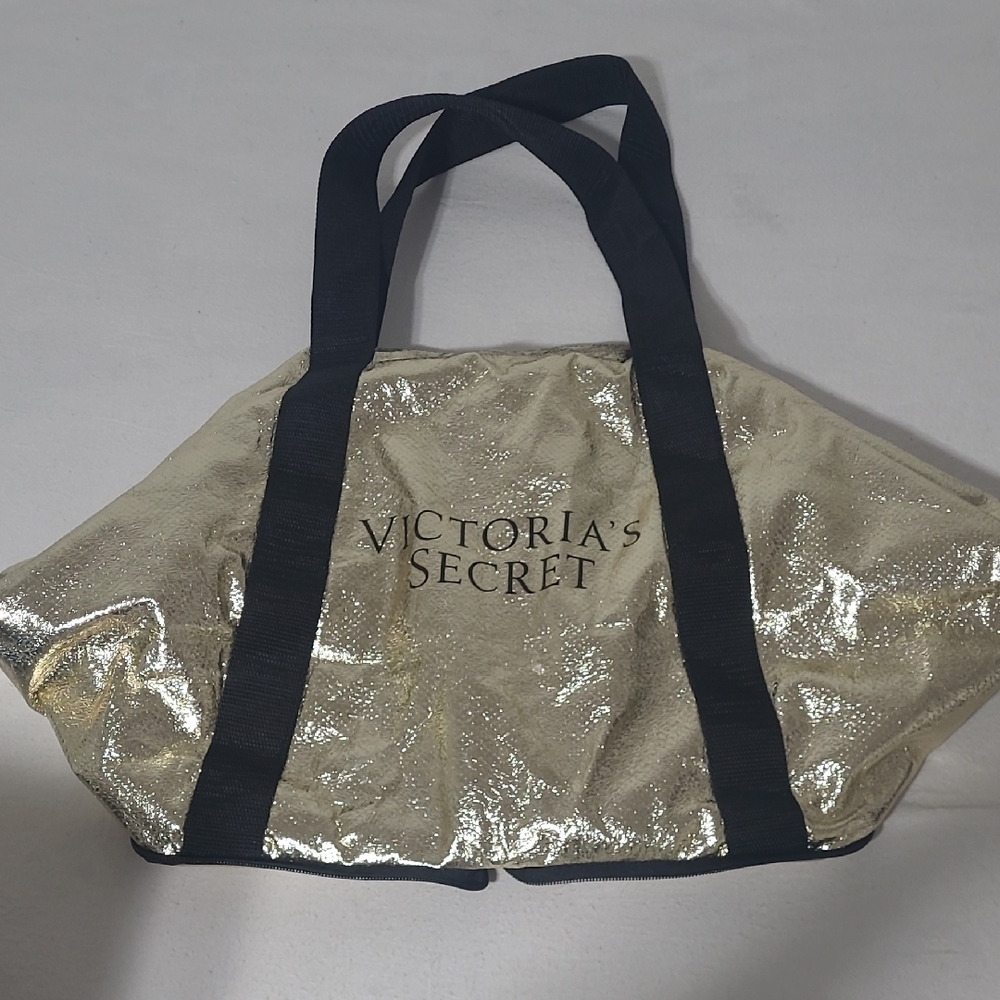 Victoria's Secret Shiny Gold Tote with Black Straps